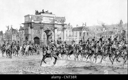 Vintage Militär Drucken von Napoleon ich Überprüfung seiner Truppen in der Nähe des Arc de Triomphe du Carrousel in Paris, Frankreich. Stockfoto