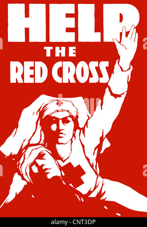 Vintage Weltkrieg Plakat des Roten Kreuzes Krankenschwester hilft einen verwundeten Soldat. Es liest, helfen dem roten Kreuz. Stockfoto