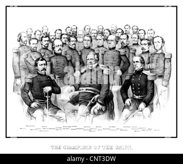 Vintage American Civil War Drucken mit einem Gruppenbild des frühen Krieges Union Generäle. Stockfoto