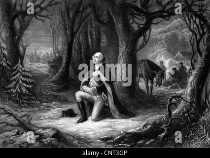 Vintage Unabhängigkeitskrieg Print von General George Washington beten in Valley Forge. Stockfoto