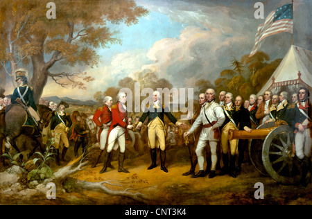 Revolutionäre Nachkriegsmalerei zeigt die Übergabe der britische General John Burgoyne in Saratoga, am 17. Oktober 1777. Stockfoto