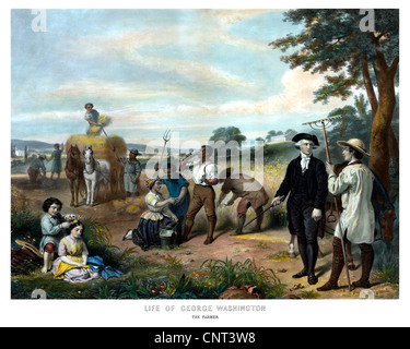 Vintage American History Drucken von George Washington auf seiner Farm, wie Sklaven das Land hinter ihm zu arbeiten. Stockfoto