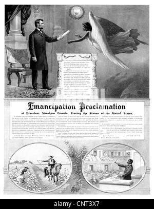 Vintage American History-Print von Präsident Abraham Lincoln Übergabe einer Kopie der Emanzipations-Proklamation mit einem Engel. Stockfoto