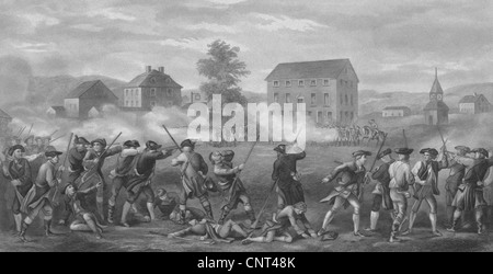Vintage Unabhängigkeitskrieg Druck der amerikanischen beschossen wird von britischen Truppen in Lexington, Massachusetts Minutemen. Stockfoto