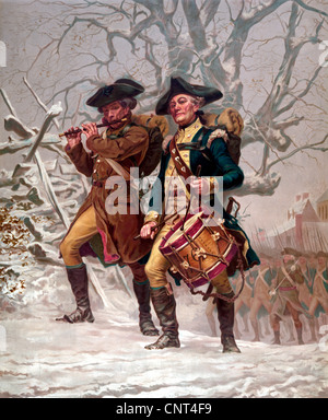 Vintage Print revolutionären Krieg der amerikanischen Minutemen durch einen Schlagzeuger und ein Soldat ein Flötenspiel in die Schlacht geführt. Stockfoto