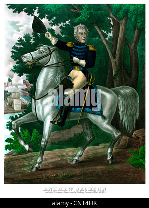 Vintage American History Drucken von General Andrew Jackson auf dem Pferderücken, führende Truppen während der Schlacht. Stockfoto