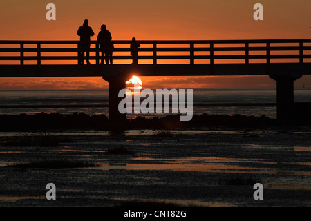 Silhouetten von einer Familie mit 2 Kindern den Sonnenuntergang von einem Steg führt in die Nordsee Watt, Deutschland, Niedersachsen, Dorum-Neufeld Stockfoto