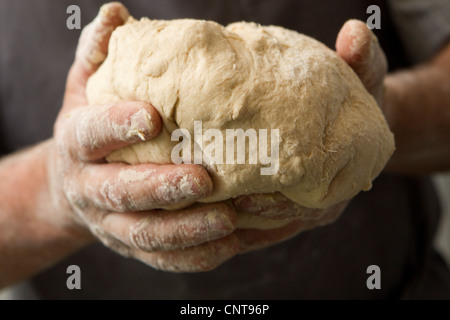 Hände des Mannes hält frischen Brotteig Stockfoto