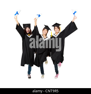 drei glückliche asiatischen Graduierung Student isoliert auf weiss Stockfoto