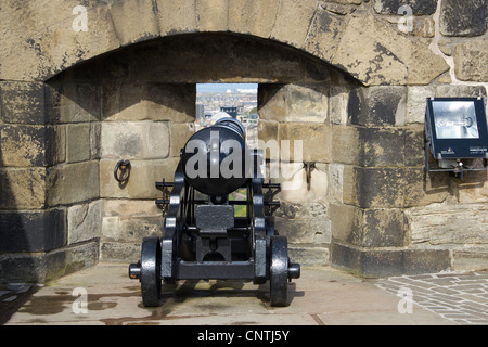 Kanone auf dem Display auf Edinburgh Castle, Projektion von der Stadtmauer des Schlosses und mit einem Licht auf die Wände des Schlosses Stockfoto