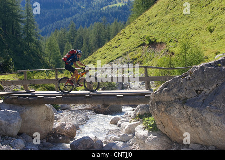 Mann mit Mountain-Bike auf einer Tour in den alpinen Bergen, überqueren eine Brücke, Österreich, Oberösterreich, Gmunden Stockfoto