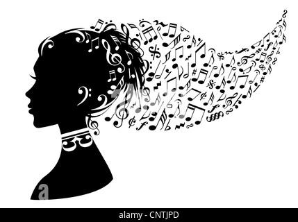 Kopf der Frau mit Noten in ihrem Haar, Vektor-Hintergrund Stockfoto
