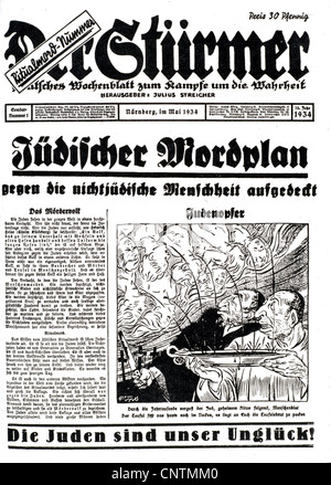 Nationalsozialismus / Nationalsozialismus, Judenverfolgung, antisemitische Propaganda, 'der Stuermer', Sonderausgabe Nr. 1, Nürnberg, Mai 1934, Überschrift: 'Jüdische Mordkomplotte gegen die nichtjüdische Menschheit aufgedeckt', Illustration: 'Opfer der Juden', Zusatzrechte-Clearences-nicht vorhanden Stockfoto