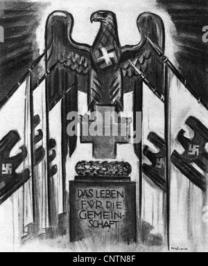 Nationalsozialismus, Propaganda, Illustration, Rotes Kreuz-Schild mit Nazi-Adler und Hakenkreuzfahnen, Motto 'das Leben für die Gemeinschaft', Zeichnung von Mjoelnir, 1939, Zusatzrechte-Clearences-nicht vorhanden Stockfoto