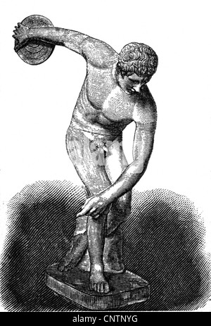 Sport, Leichtathletik, Diskus, antike Welt, Diskobolus, nach Statue von Myron von Eleutherae, Holzstich, 19. Jahrhundert, historisch, historisch, Diskus Werfer, Diskus Werfer, alte Welt, Menschen, zusätzliche-Rechte-Clearences-nicht verfügbar Stockfoto