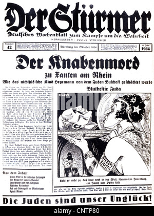 Nationalsozialismus / Nationalsozialismus, Propaganda, Presse / Medien, 'der Stuermer', Nr. 42, Oktober 1934, Titelseite, Überschrift, 'der Knabenmord in Xanten am Rhein', Karikatur: 'Juda, das blutrünstige Tier', Zeichnung von FIPS, Zusatzrechte-Clearences-nicht vorhanden Stockfoto