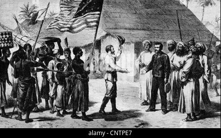 Livingstone, David, 19.3.187 - 1.5.1873, britischer Missionar und Afrika-Entdecker, Szene, Treffen mit Henry Morton Stanley, Ujiji, 18.10.1871, Gravur, 19. Jahrhundert, Stockfoto