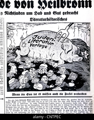 Nationalsozialismus, Verbrechen, Judenverfolgung, antisemitische Propaganda, Karikatur 'Literaturgeschichte', aus 'der Stuermer', Nürnberg, April 1934, Herausgeber: Julius Streicher, 'Jüdische Literaturverlage - wenn die Sau tot ist, werden auch die Ferkel zugrunde gehen', Zusatzrechte-Clearences-nicht vorhanden Stockfoto