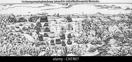 Veranstaltungen, Schmalkaldischer Krieg 1546/1547, Schlacht bei Mühlberg, 24.4.1547, Ausschnitt aus einem zeitgenössischen Flugblatt, Deutschland, Reformation, Katholiken, Protestanten, Religionskriege, Religion, Schmalkaldic Bund, Militär, historisch, historisch, 16. Jahrhundert, Mühlberg , Mühlberg, Menschen, Zusatz-Rechte-Clearenzen-nicht vorhanden Stockfoto