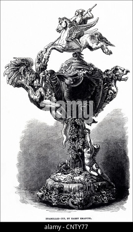 Emailliertes Gold Cup auf das Thema "Perseus und Andromeda" von Harry Emanuel auf der Internationalen Ausstellung in South Kensington London ausgestellt. Viktorianische Gravur vom 12. Juli 1862 Stockfoto