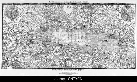 Karten, Europa, Bodensee, Tibian-Karte, gedruckt von Nicolao kalt, Konstanz, 1603, Additional-Rights-Clearences-not available Stockfoto