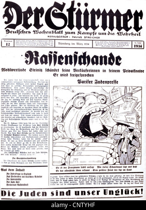 Nationalsozialismus, Propaganda, Presse / Medien, 'der Stuermer', Nürnberg, März 1934, Schlagzeile: 'Rassenschande', Karikatur: 'Pariser Jüdische Presse', Zusatzrechte-Clearences-nicht vorhanden Stockfoto