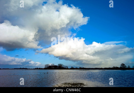 überschwemmte Wiesen am Fluss Hamme in der Nähe von Osterholz-Scharmbeck, Deutschland, Niedersachsen, Landkreis Osterholz Stockfoto