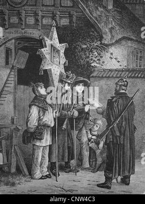 Polizisten kontrollieren die Papiere der Heiligen drei Könige, historische Holzstich, 1886 Stockfoto