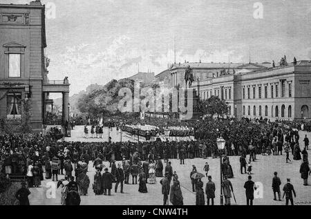 Fahnen-Parade in der Hofburg in Berlin, Deutschland, historische Gravuren, 1880 Stockfoto