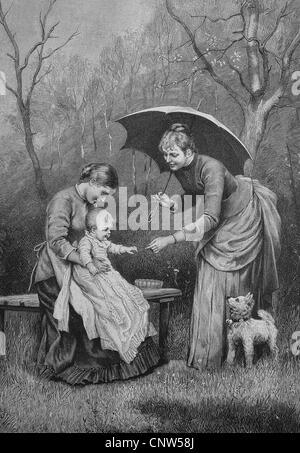 Mutter mit Tante und ein Kind in einem Garten an einem Sonntagnachmittag, historische Gravuren, 1880 Stockfoto