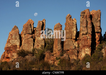 Felsformation mit Vollmond in der Cederbergs bei Lots Frau Wandern, Südafrika, Western Cape, Cederberg Wilderness Area Stockfoto