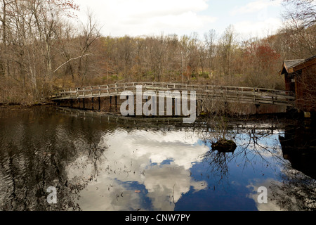 Eine rustikale Holzbrücke über einem kleinen See oder Teich Stockfoto