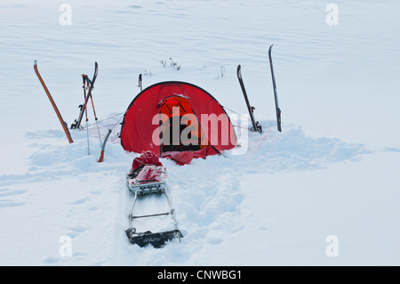 Zelt-Camp im Schnee, Schweden, Lappland, Norrbotten, Sarek Nationalpark Stockfoto