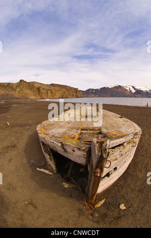 alte hölzerne Walfang-Boot am Strand, Antarktis, Whalers Bay, Deception Island Stockfoto