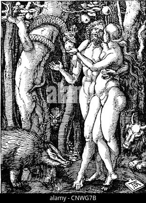 Religion, biblische Szenen, Adam und Eva, der Fall des Menschen, Holzschnitt von Albrecht Dürer, circa 1510, Artist's Urheberrecht nicht gelöscht werden Stockfoto