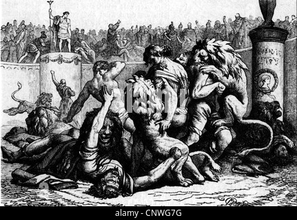 Antike Welt, Römisches Reich, Verfolgung von Christen, Christen werden den Löwen gefüttert, Holzstich, 19. Jahrhundert, Römer, Christentum, Märtyrer, Märtyrer, Folter, Martyrium, Tod, barbarisch, grausam, historisch, historisch, Grausamkeit, alte Welt, Menschen, zusätzliche-Rechte-Clearences-nicht verfügbar Stockfoto