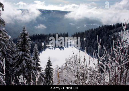 Winterlandschaft mit Schnee bedeckten See Mummel, Mummelsee, Deutschland, Baden-Württemberg, Schwarzwald Stockfoto