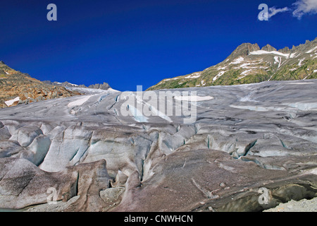 Blick vom Eis der Rh Ne Gletscher bis zur Gletscherzunge, Schweiz, Wallis Stockfoto