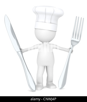3D Little Human Character der Meisterkoch halten eine silberne Gabel und Messer Stockfoto