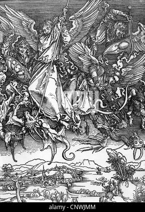 Michael, Erzengel des Christentums, volle Länge, während der Kampf mit dem Drachen, Holzschnitt von Albrecht Dürer (1471 - 1528), Artist's Urheberrecht nicht gelöscht werden Stockfoto