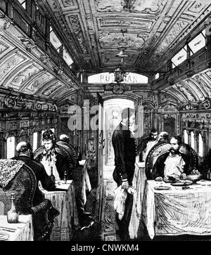 Transport / Transport, Bahn, Pullman Speisewagen, Innenansicht, Holzstich, 1880, Zusatzrechte-Abfertigung-nicht vorhanden Stockfoto