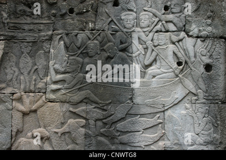 Khmer Kriegsschiff. Befreiung von Bayon Tempel in Angkor, Kambodscha. Stockfoto