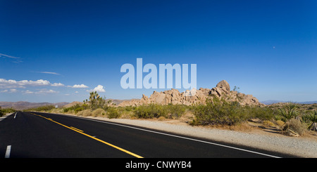 Landstraße in Mojave-Wüste und Granit Felsen im Hintergrund, Mojave, Joshua Tree National Park, California, USA Stockfoto