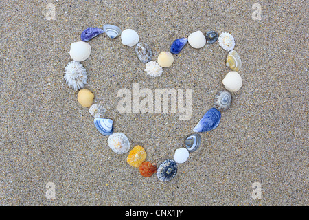 ein Herz aus Muscheln im Sand, Großbritannien, Schottland Stockfoto