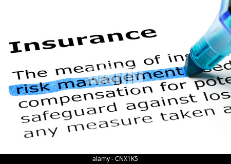 Risikomanagement in blau, in der Rubrik Versicherungen hervorgehoben Stockfoto