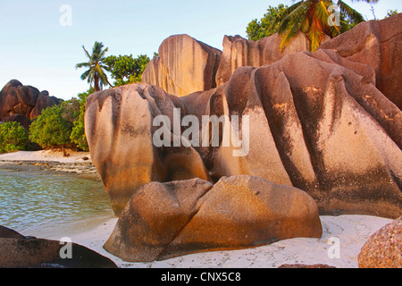 Granit-Bildung am Strand Anse Grande Source, Seychellen, La Digue Stockfoto