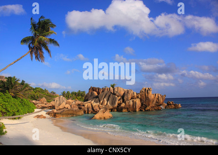 Granit-Bildung am Strand Anse Coco, Seychellen, La Digue Stockfoto