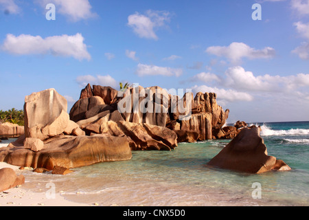 Granit-Bildung am Strand Anse Coco, Seychellen, La Digue Stockfoto