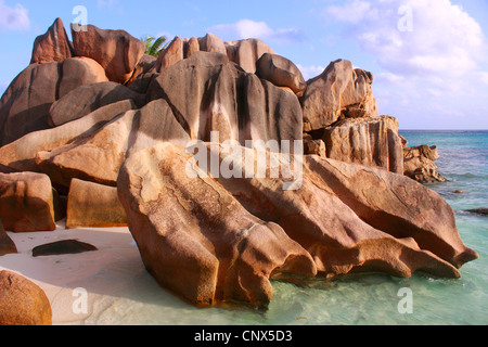 Granit-Bildung am Strand Anse Coco, Seychellen, La Digue Stockfoto