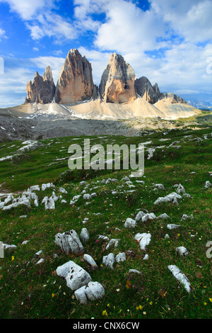 beeindruckende Gebirgsbildung "The Tre Cime di Lavaredo" ("Drei Zinnen" / große Peak 2999 m), Italien, Südtirol, Dolomiten Stockfoto